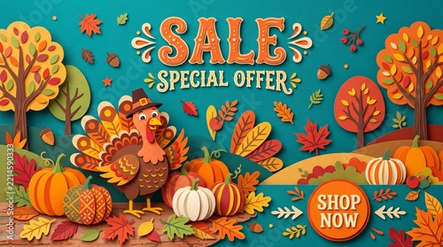 Thanksgiving special offer banner with turkey pumpkin autumn trees and fall foliage.