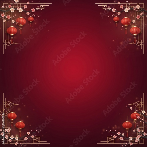 Modern Minimalist Red and Gold Lunar New Year Background with Elegant Asian Patterns