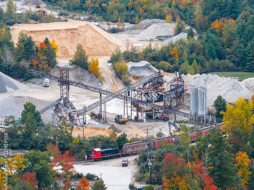 industrial sand and gravel quarry with conveyor belts and train