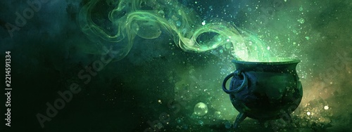 Cauldron brewing magic potion with green smoke and particles