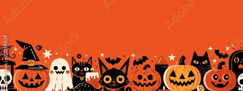 Halloween banner featuring cute spooky characters and pumpkins