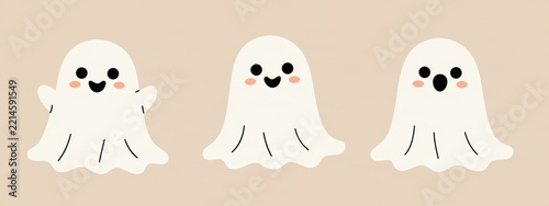 Cute ghost characters celebrating Halloween on plain background