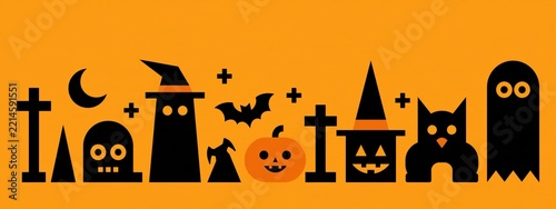 Halloween symbols border with spooky creatures and objects