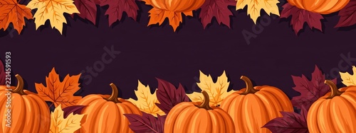 Autumn pumpkins and fall leaves border on dark background