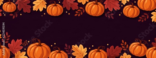 Autumn Halloween border with pumpkins and falling leaves