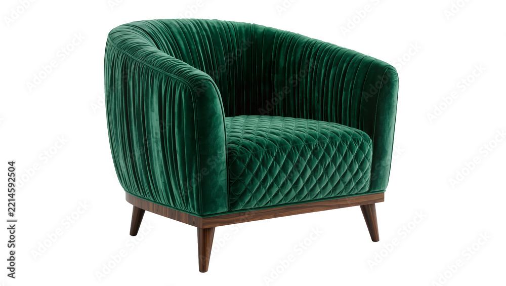Fototapeta premium Emerald green velvet armchair with quilted seat and wooden base, isolated on transparent background