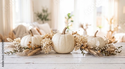 Three white pumpkins decorated with dried flowers on white rustic wooden table.