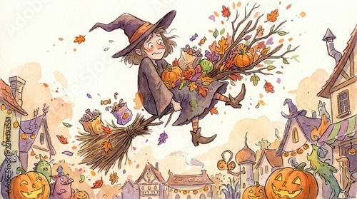 Whimsical witch flying on a broomstick with autumn leaves and pumpkins in a festive village