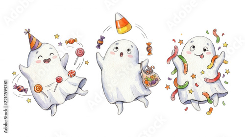 Playful cartoon ghosts celebrating Halloween with candy and confetti in a festive illustration