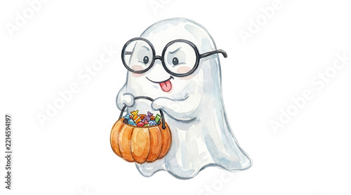 Cute cartoon ghost with glasses holding a pumpkin basket filled with colorful candies