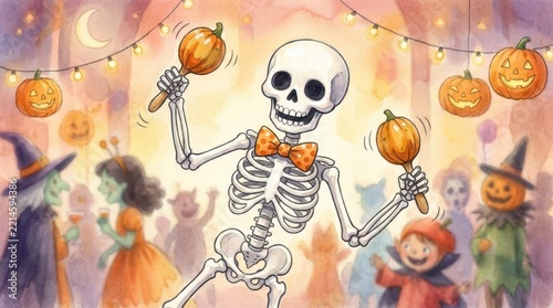 Festive skeleton with maracas celebrating Halloween at a lively costume party