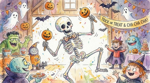 Festive Halloween party scene with dancing skeleton and cheerful monsters in a decorated barn