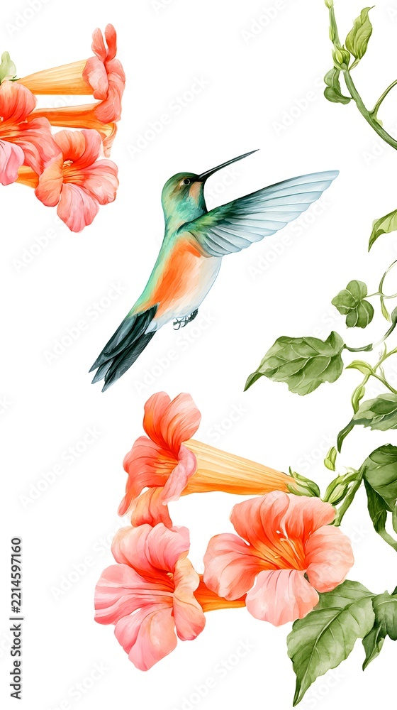 Fototapeta premium Watercolor hummingbird hovering near orange trumpet vine flowers