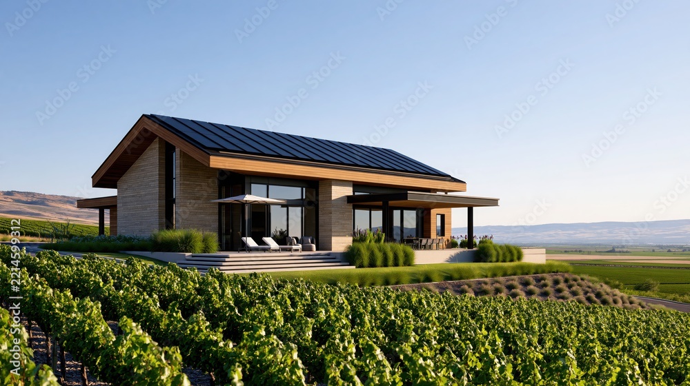 Naklejka premium A modern winery building nestled amongst rows of grapevines under a clear blue sky
