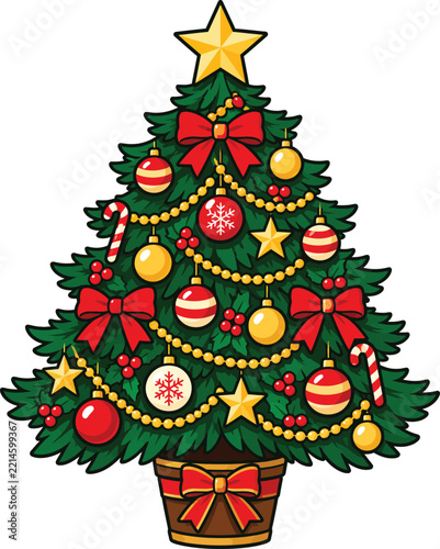 Decorated Christmas Tree Vector Asset with Ornaments, Red Bows, Candy Canes, and Golden Star Isolated on White Background
