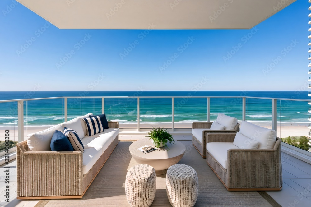 Fototapeta premium Modern outdoor lounge overlooking stunning ocean view
