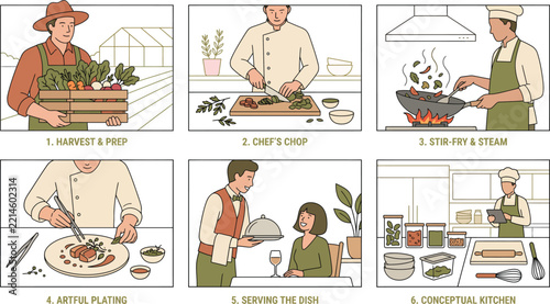 Obraz na plátně Farm to table culinary process vector illustration set with harvest prep, chef chopping, stir fry cooking, artful plating, serving dish, and conceptual kitchen layout