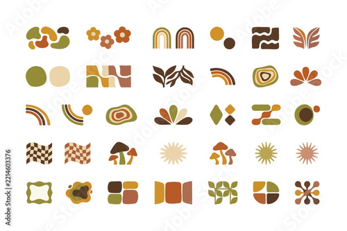 33 Boho Retro Abstract Icon Set in Earthy Colors with Midcentury Modern Organic Shapes and Nature Motifs for Branding Graphic Design Interior Decor Textile Design and Contemporary Visual Projects