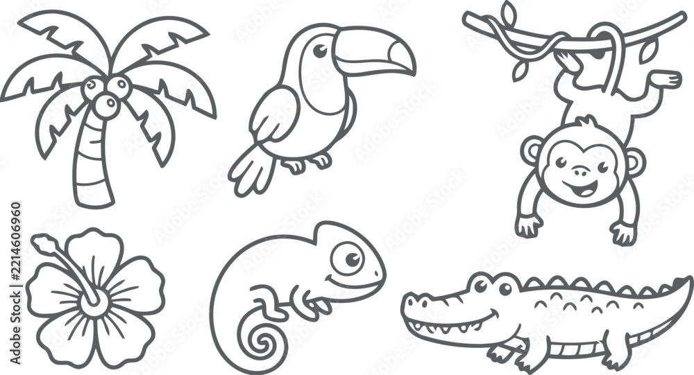 Fototapeta premium Set of cute jungle animal and tropical plant doodle vector line art illustrations for children coloring page design