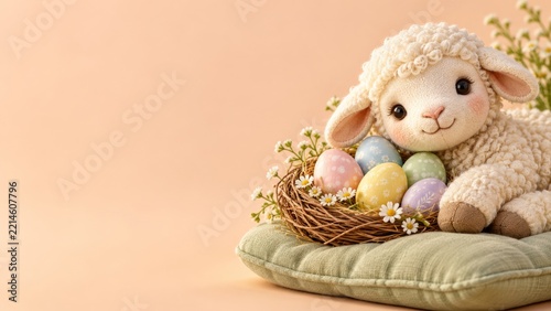 Soft Wool Lamb beside a Nest of Pastel Easter Eggs on a Sage Cushion