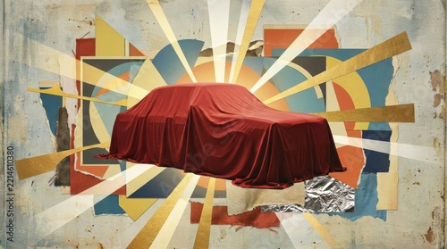 A car covered in a red cloth is presented amidst a collage of colorful geometric shapes and golden rays