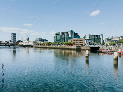 Dublin docklands skyline with Liffey and Samuel Beckett Bridge