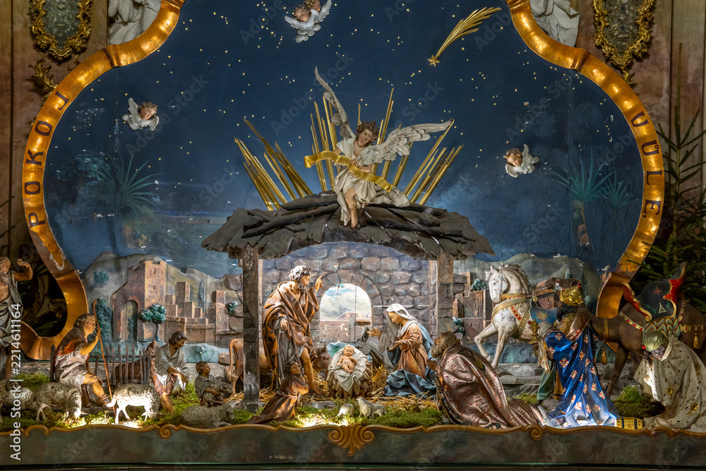 Fototapeta premium Traditional Nativity scene depicting birth of Jesus Christ