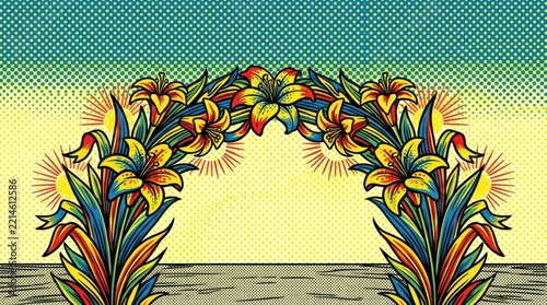 Stylized colorful lily flowers form an arch with sunbursts against a halftone dotted sky