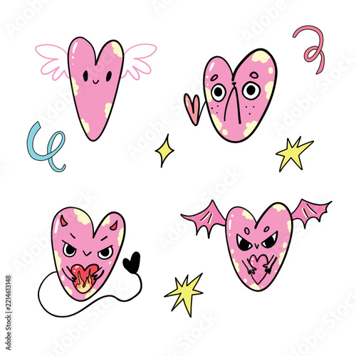 Four adorable pink heart characters in a charming sticker style for Valentine’s Day. Cute romantic vector illustration on a white background.