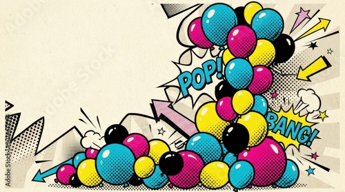 A vibrant cascade of CMYK colored balloons with comic book style text and graphics