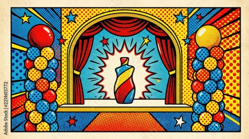Vibrant comic book style illustration of a stage with red curtains and a colorful abstract object