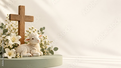 White Lamb Ornament beside a Wooden Cross and Lilies on a Sage Podium