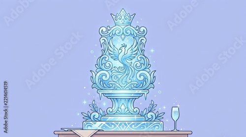 Intricate ice sculpture featuring a regal phoenix and ornate scrollwork with a champagne flute