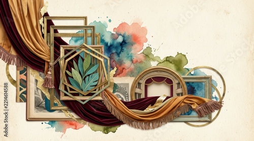 Ornate golden frames and plush velvet drapes accented by vibrant watercolor splashes create an artistic collage