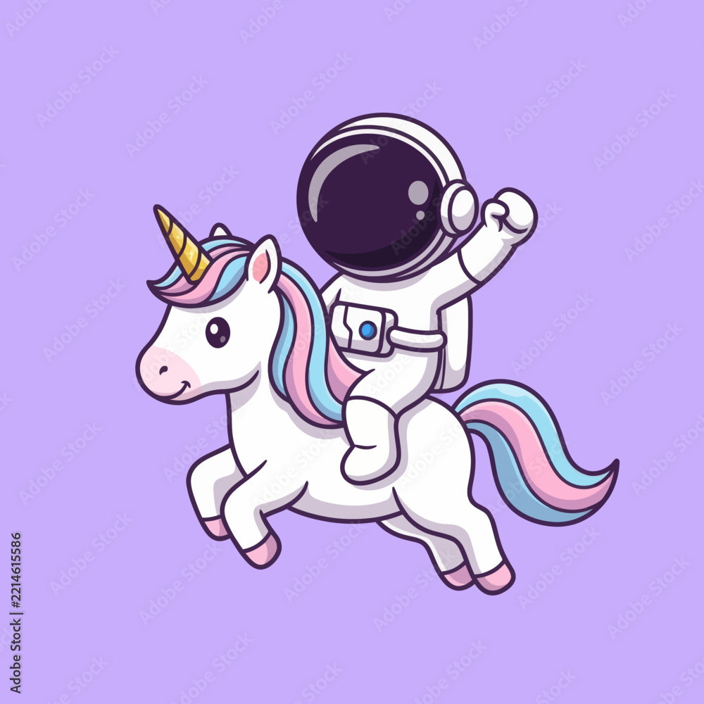 Fototapeta premium Cute astronaut riding a running unicorn vector illustration. Spaceman and mythical horse fantasy adventure icon in flat cartoon style isolated on background.