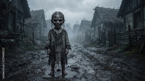 Terrifying monstrous creature standing menacingly inside a muddy medieval village street during heavy fog