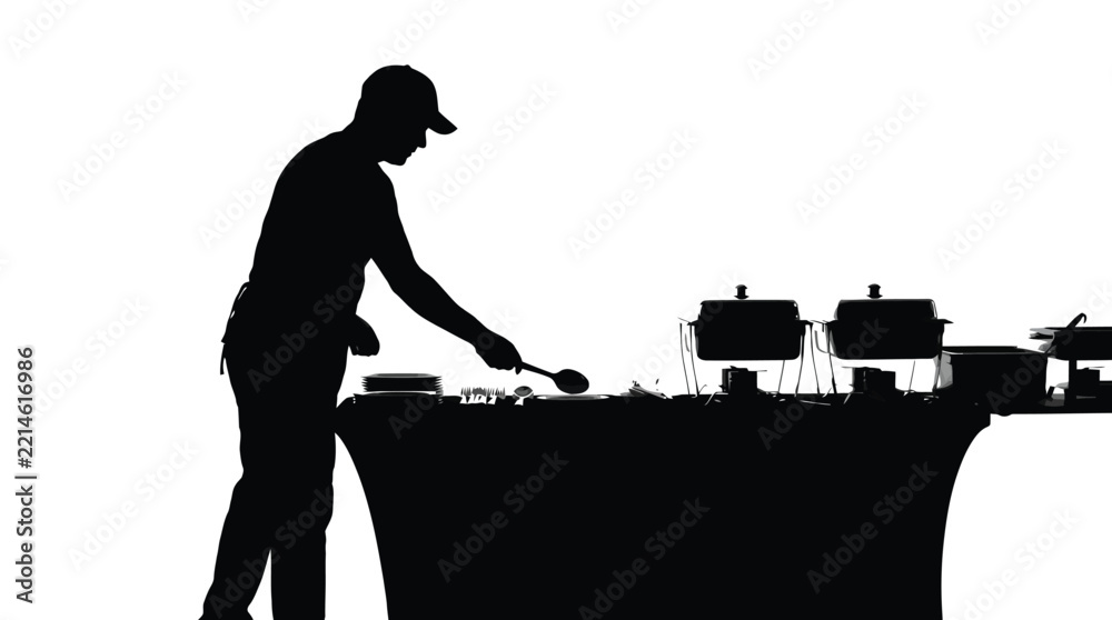 Obraz premium Dark silhouette of diligent worker preparing buffet table with stainless steel warmers and plates