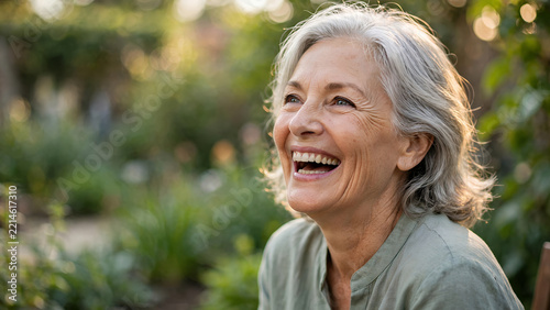 joyful mature woman laughing outdoors with soft sunlight filtering through lush greenery, natural smile in garden setting