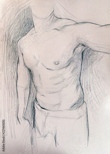 Studio anatomico a matita del torso maschile nudo, schizzo accademico di busto d'uomo atletico con muscoli addominali e pettorali definiti, disegno artistico con tratteggio lineare su carta chiara