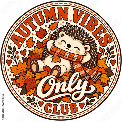 Cute Hedgehog Autumn Vibes Emblem for Seasonal Designs