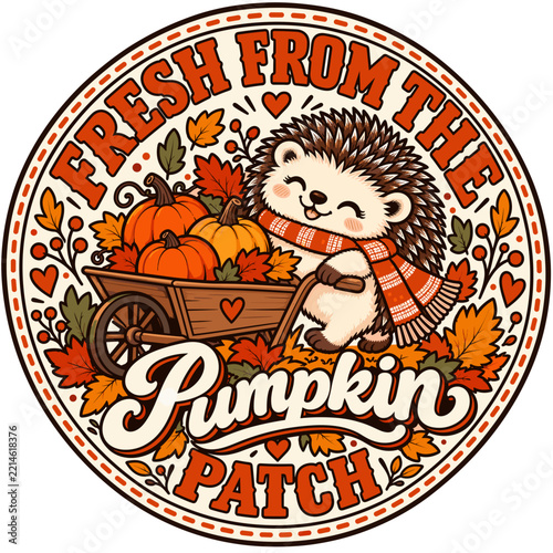 Cute Hedgehog in Autumn Pumpkin Patch Fall Emblem