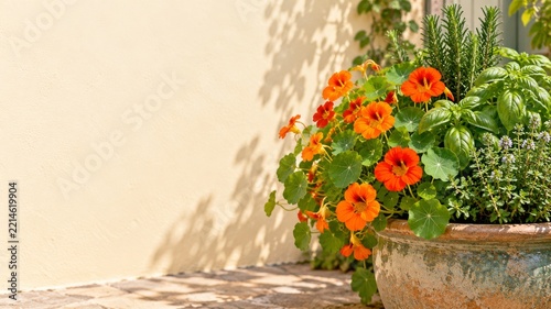 Orange nasturtium flowers and fragrant herbs in a weathered garden pot