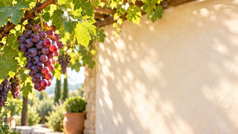 Naklejka premium Purple grape bunches and vine leaves against a sunlit cream garden wall