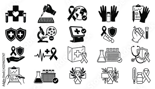 Medical Research and Healthcare Icon Set, Laboratory Testing and Clinical Diagnostics Vector Illustrations on White Background