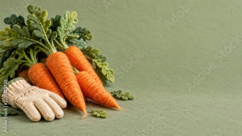 Felt carrots with stitched details and knitted gloves on a sage background