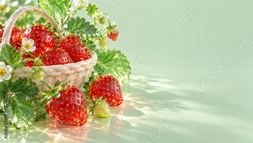 Transparent red glass strawberries in a white basket on a mint surface