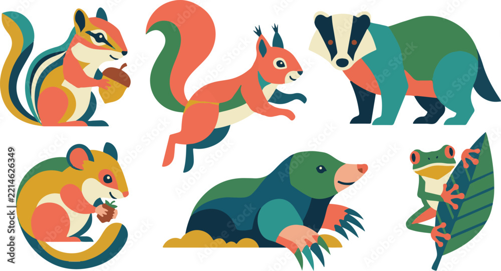 Fototapeta premium Colorful woodland animal vector collection featuring squirrels badger mole and frog illustrations on white background