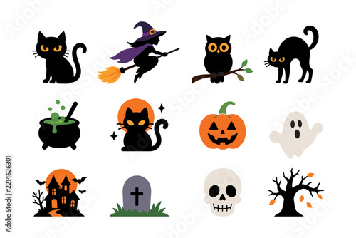 Halloween Vector Elements Set with Black Cats  Witch  Owl  Pumpkin  Ghost  Haunted House and Skull