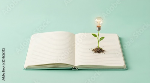 Illuminated plant-bulb growing from an open notebook, symbolizing the cultivation of bright ideas, knowledge acquisition, and sustainable innovation on a minimalist background