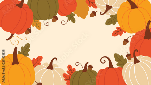 Flat design autumn background with cute cartoon pumpkins and falling leaves arranged as a border frame illustration